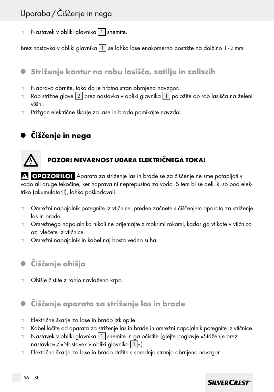 Uporaba / čiščenje in nega, Čiščenje in nega, Čiščenje ohišja | Čiščenje aparata za striženje las in brade | Silvercrest SHBS 600 A1 User Manual | Page 56 / 101