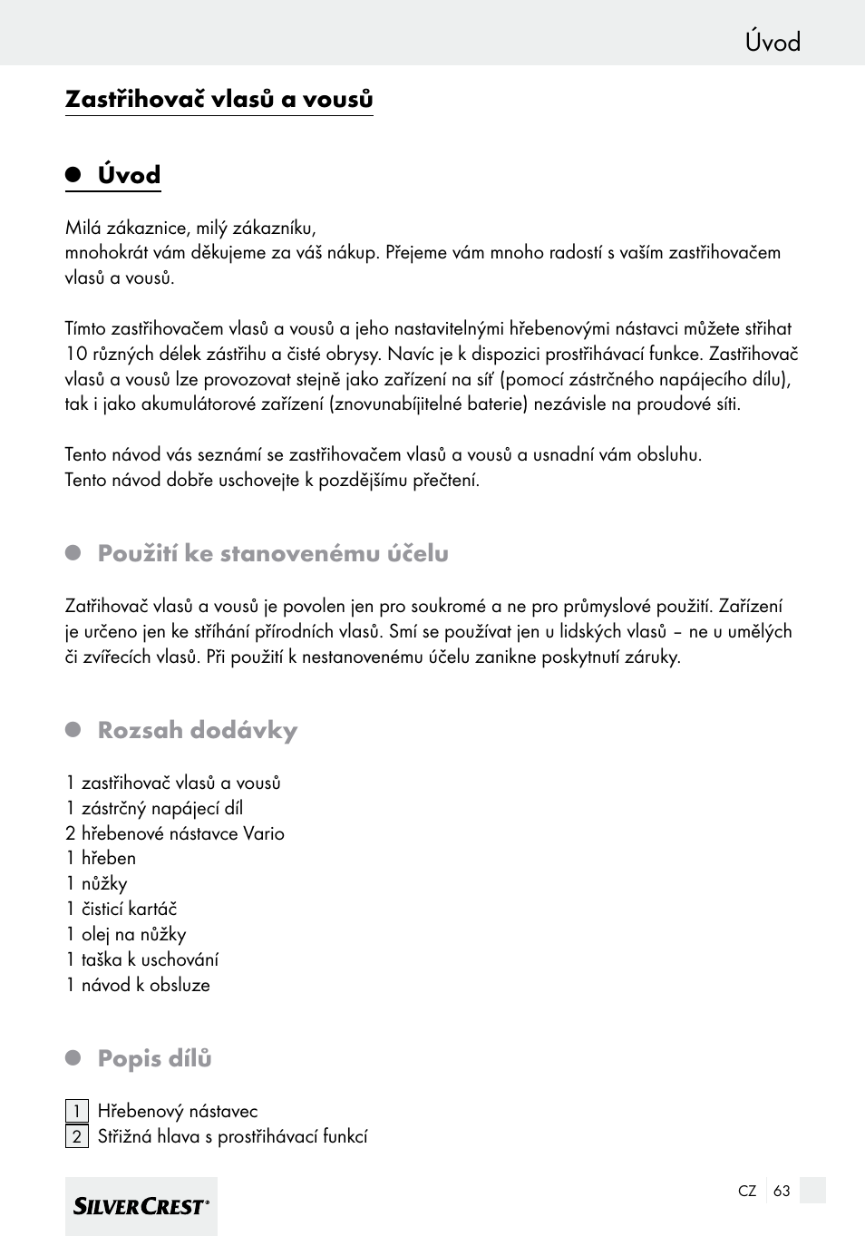 Úvod, Zastřihovač vlasů a vousů, Použití ke stanovenému účelu | Rozsah dodávky, Popis dílů | Silvercrest SHBS 600 A1 User Manual | Page 63 / 101
