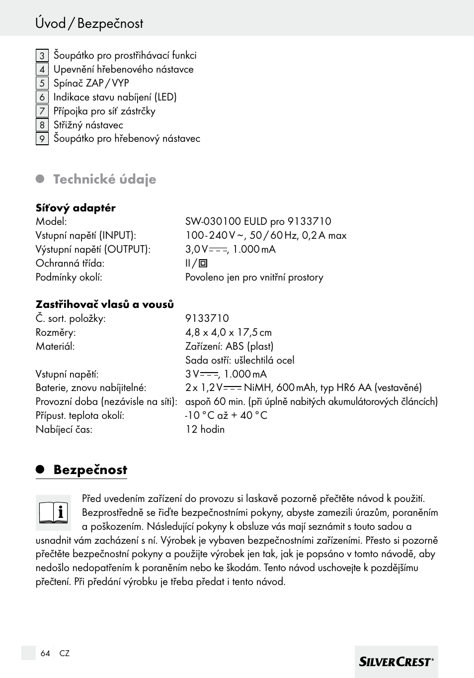 Úvod / bezpečnost, Technické údaje, Bezpečnost | Silvercrest SHBS 600 A1 User Manual | Page 64 / 101