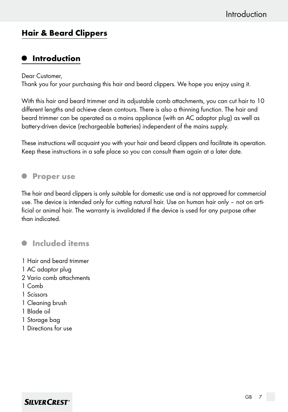 Introduction, Hair & beard clippers, Proper use | Included items | Silvercrest SHBS 600 A1 User Manual | Page 7 / 101