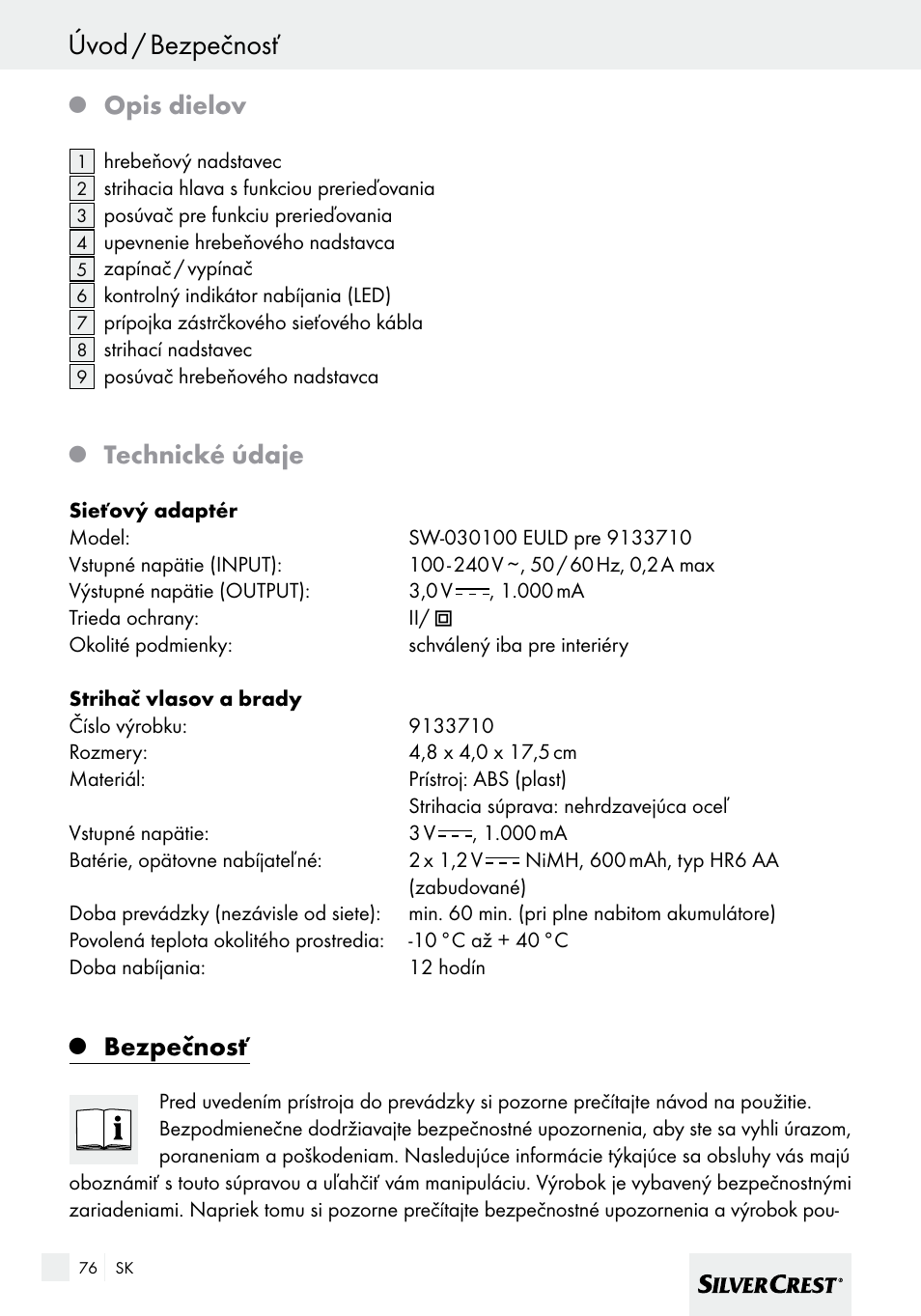 Úvod / bezpečnosť, Opis dielov, Technické údaje | Bezpečnosť | Silvercrest SHBS 600 A1 User Manual | Page 76 / 101