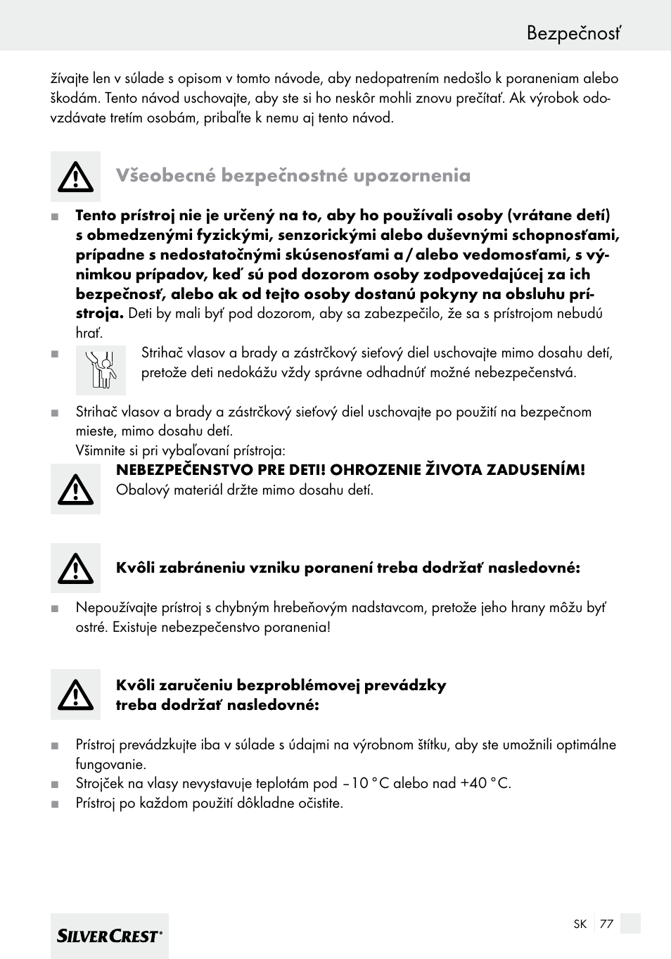 Bezpečnosť, Všeobecné bezpečnostné upozornenia | Silvercrest SHBS 600 A1 User Manual | Page 77 / 101