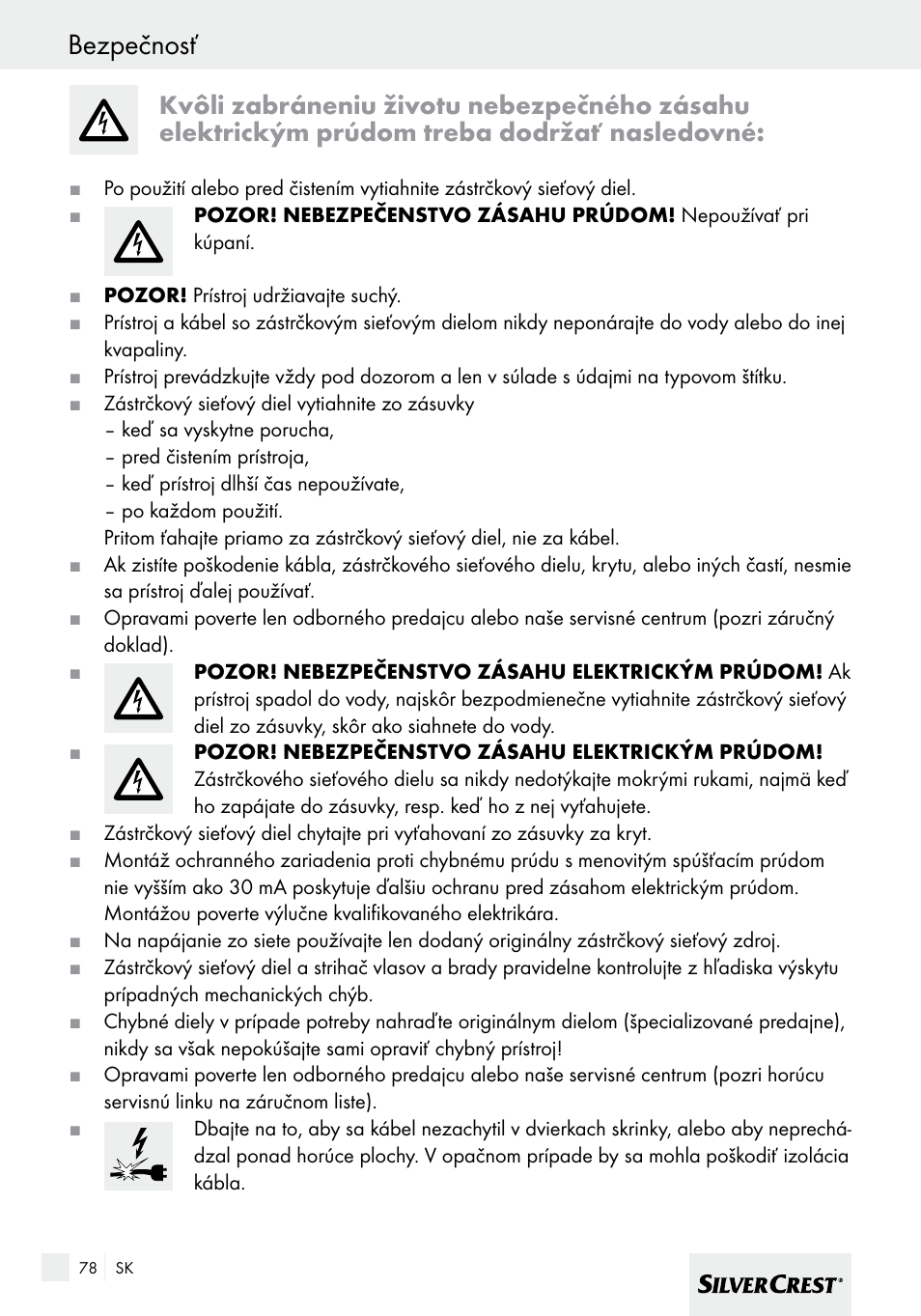 Bezpečnosť | Silvercrest SHBS 600 A1 User Manual | Page 78 / 101
