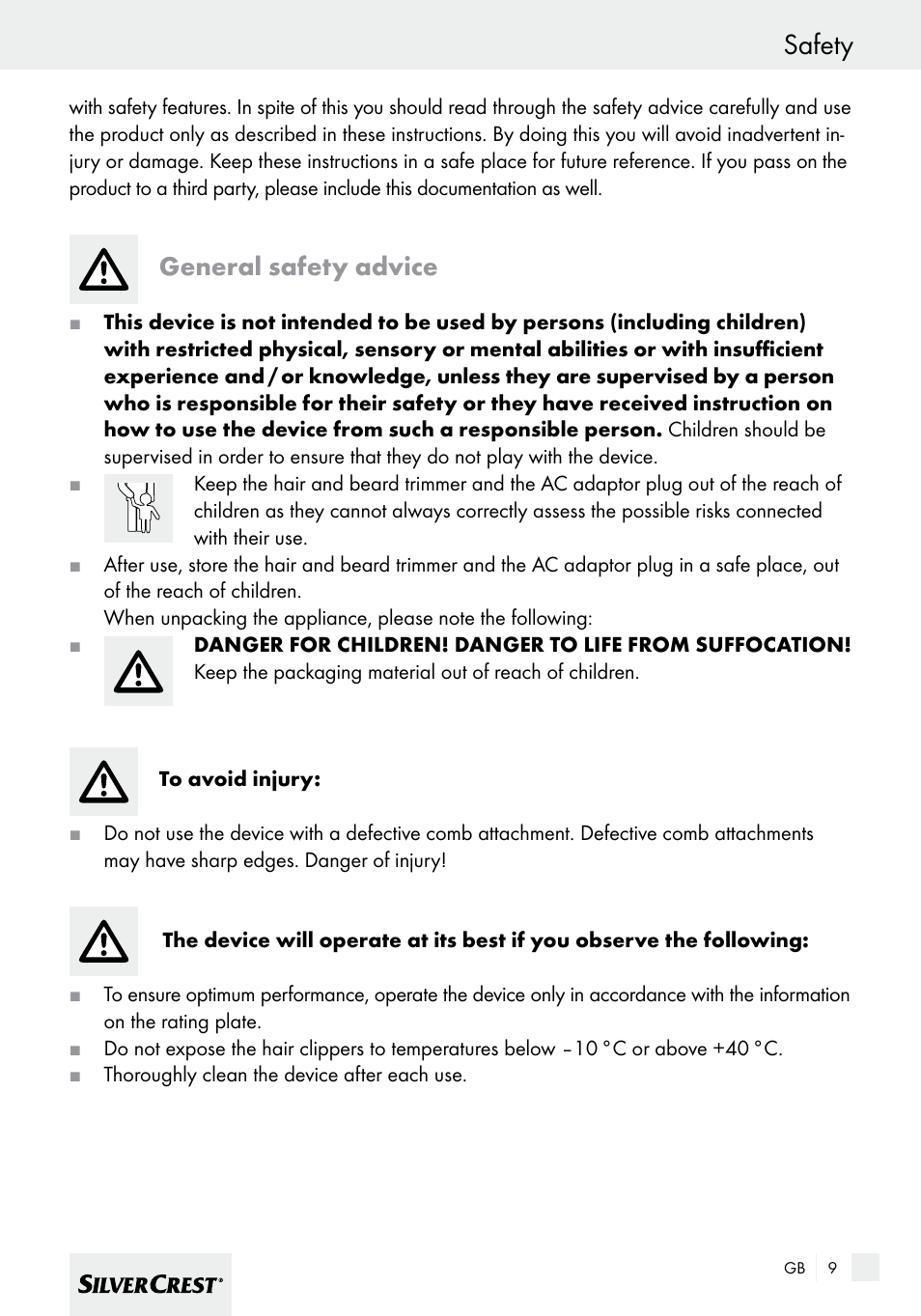 Safety, General safety advice | Silvercrest SHBS 600 A1 User Manual | Page 9 / 101