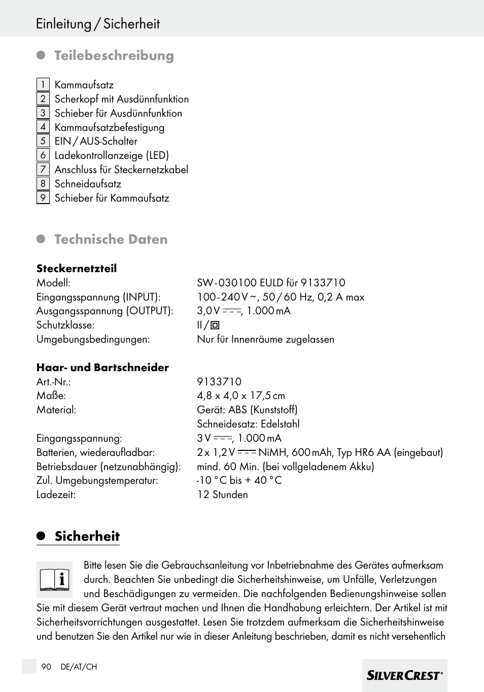 Einleitung / sicherheit, Teilebeschreibung, Technische daten | Sicherheit | Silvercrest SHBS 600 A1 User Manual | Page 90 / 101
