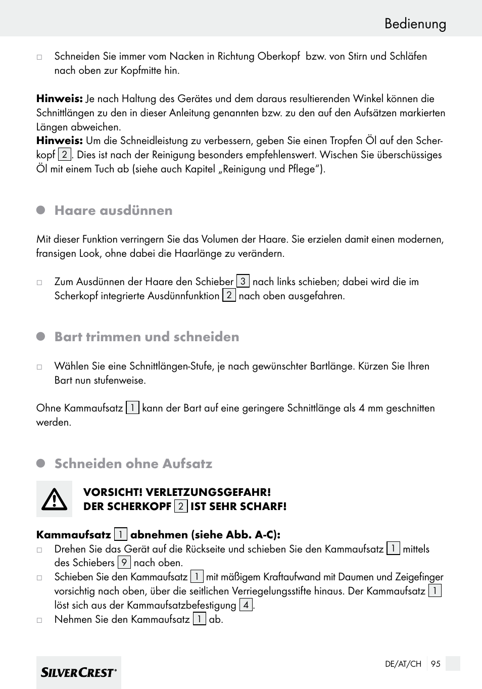 Bedienung, Haare ausdünnen, Bart trimmen und schneiden | Schneiden ohne aufsatz | Silvercrest SHBS 600 A1 User Manual | Page 95 / 101