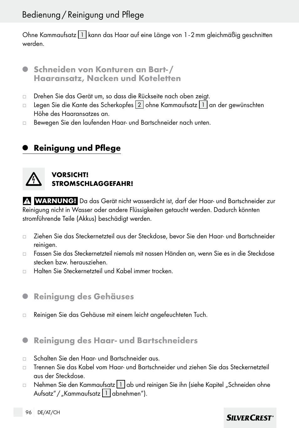 Bedienung / reinigung und pflege, Reinigung und pflege, Reinigung des gehäuses | Reinigung des haar- und bartschneiders | Silvercrest SHBS 600 A1 User Manual | Page 96 / 101