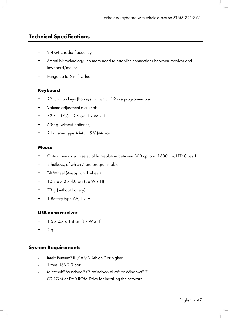 Technical specifications | Silvercrest STMS 2219 A1 User Manual | Page 49 / 88