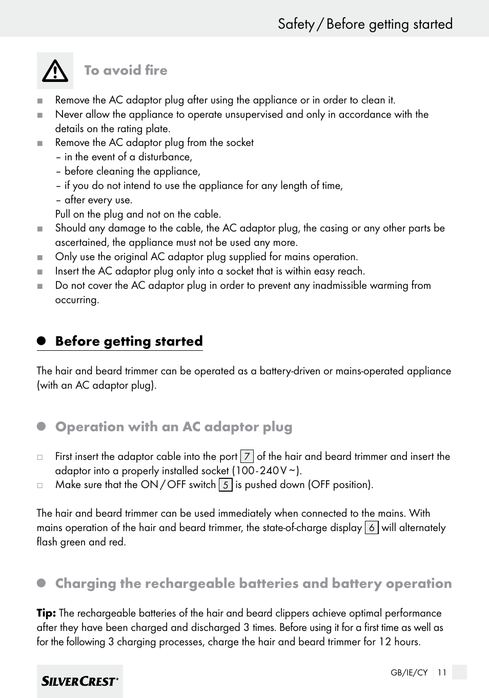 Safety / before getting started, Before getting started, Operation with an ac adaptor plug | Silvercrest SHBS 600 A1 User Manual | Page 11 / 33
