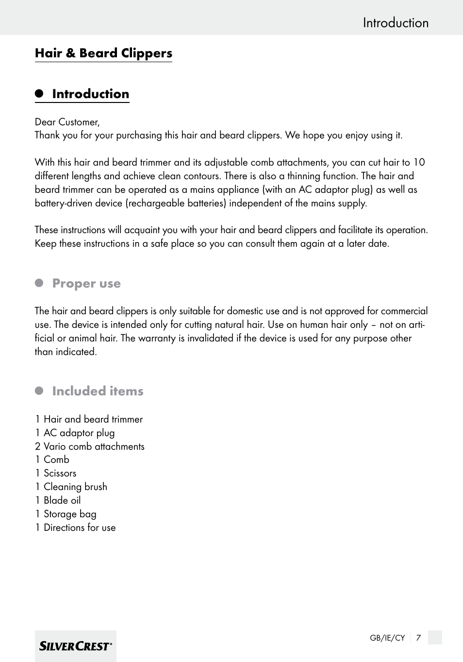 Introduction, Hair & beard clippers, Proper use | Included items | Silvercrest SHBS 600 A1 User Manual | Page 7 / 33