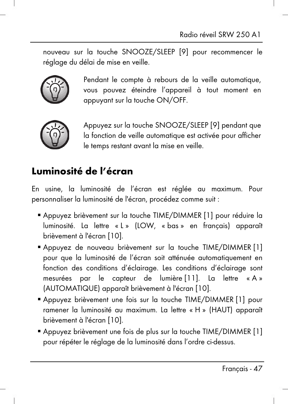 Luminosité de l’écran | Silvercrest SRW 250 A1 User Manual | Page 49 / 134