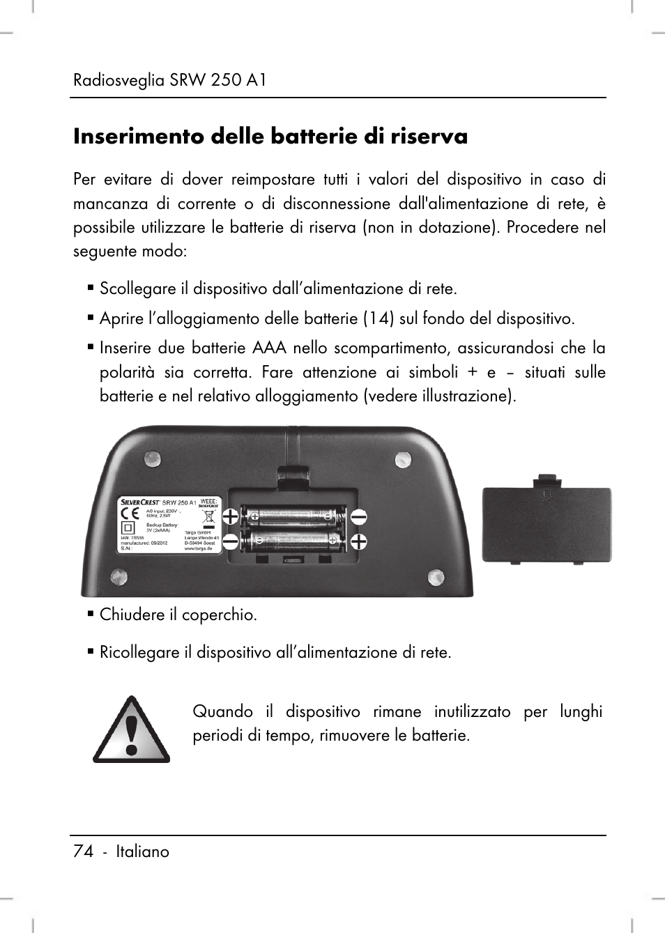 Inserimento delle batterie di riserva | Silvercrest SRW 250 A1 User Manual | Page 76 / 134