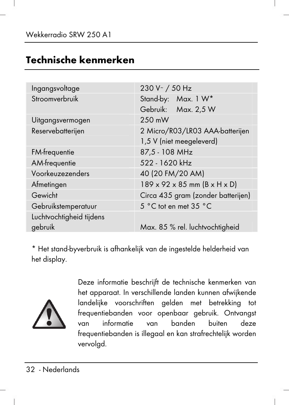 Technische kenmerken | Silvercrest SRW 250 A1 User Manual | Page 34 / 108