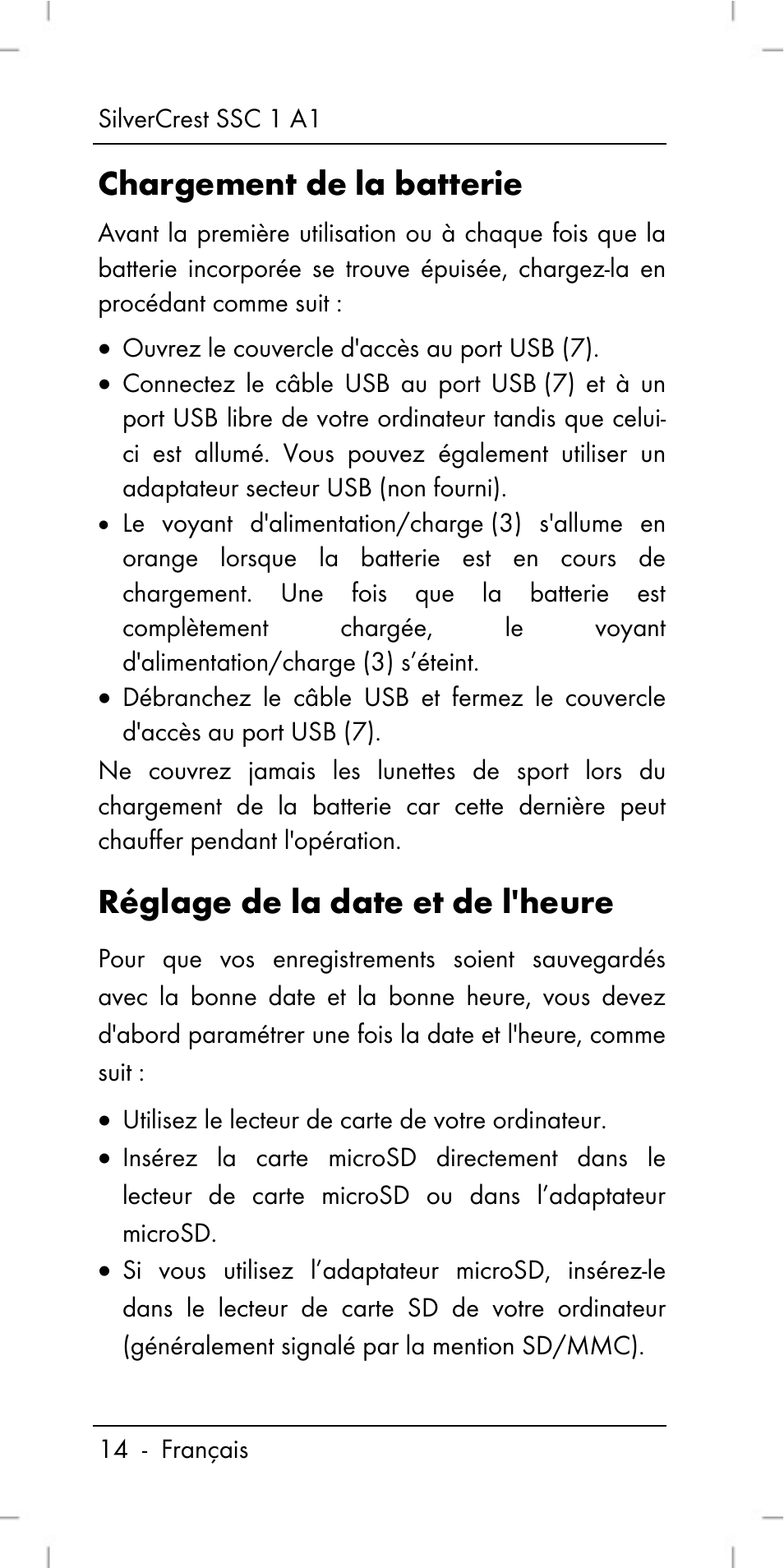 Chargement de la batterie, Réglage de la date et de l'heure | Silvercrest SSC 1 A1 User Manual | Page 16 / 74