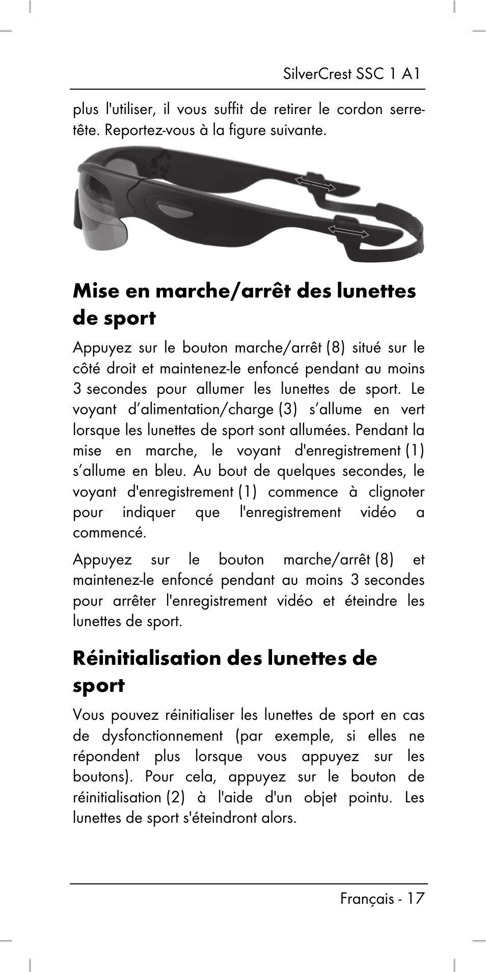 Mise en marche/arrêt des lunettes de sport, Réinitialisation des lunettes de sport | Silvercrest SSC 1 A1 User Manual | Page 19 / 74