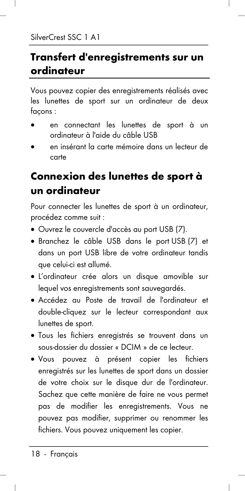 Transfert d'enregistrements sur un ordinateur, Connexion des lunettes de sport à un ordinateur | Silvercrest SSC 1 A1 User Manual | Page 20 / 74