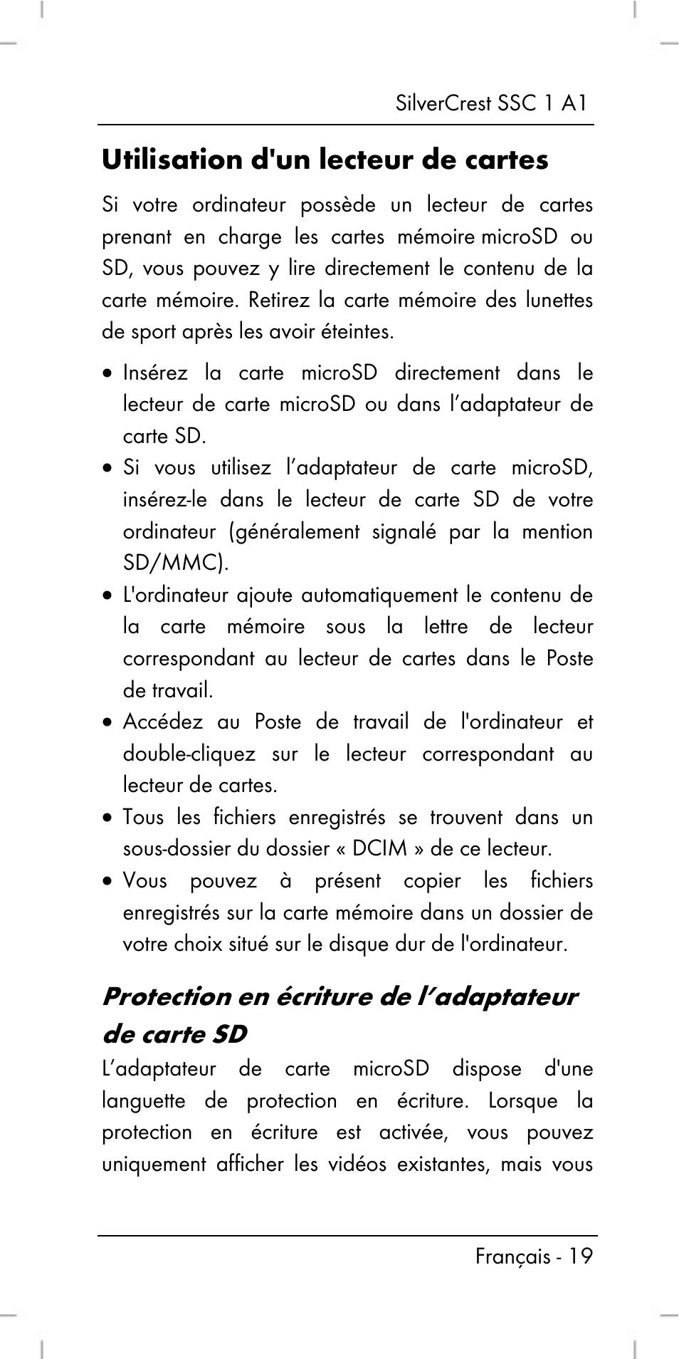 Utilisation d'un lecteur de cartes, Protection en écriture de l’adaptateur de carte sd | Silvercrest SSC 1 A1 User Manual | Page 21 / 74