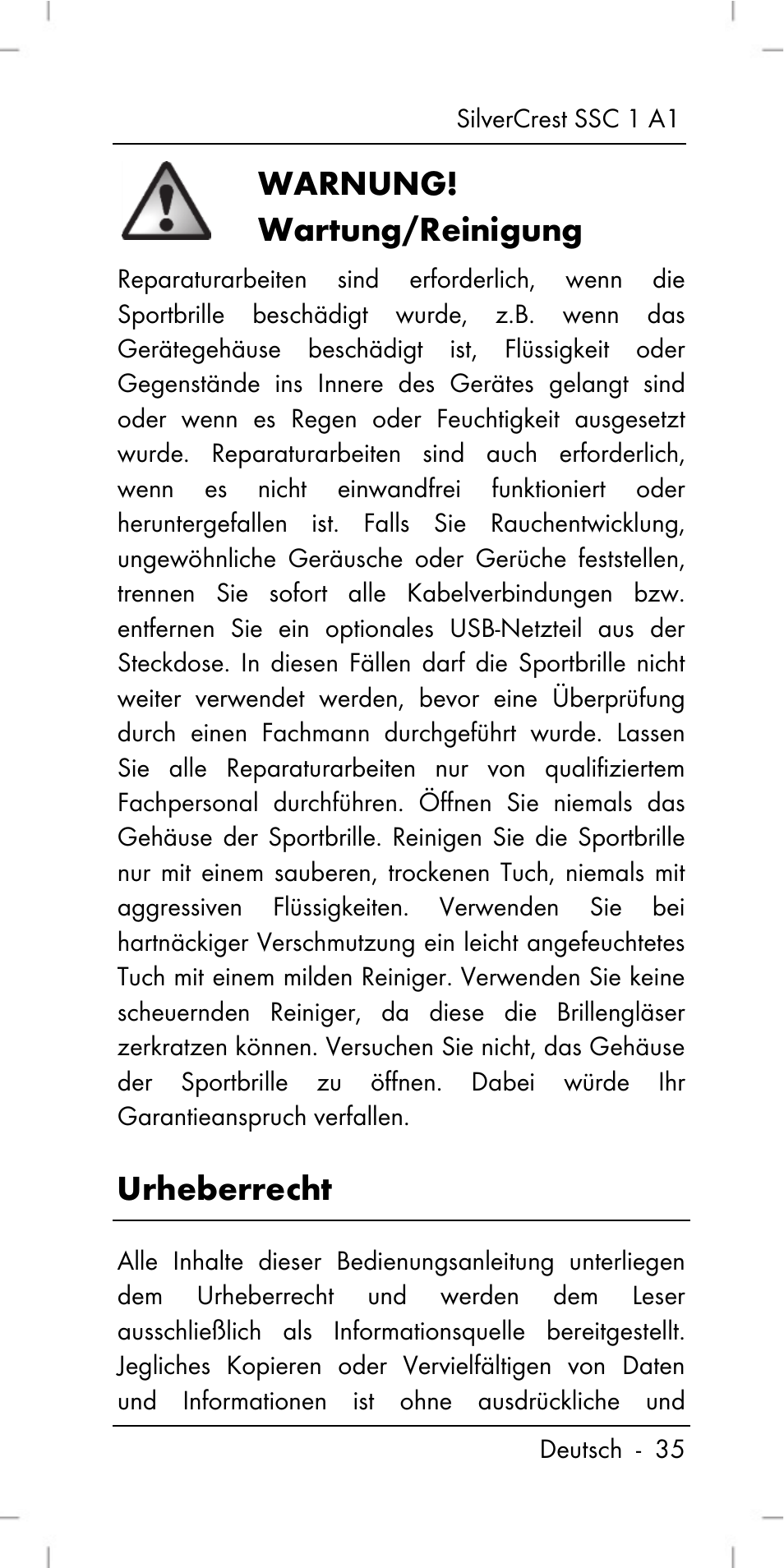 Warnung! wartung/reinigung, Urheberrecht | Silvercrest SSC 1 A1 User Manual | Page 37 / 74