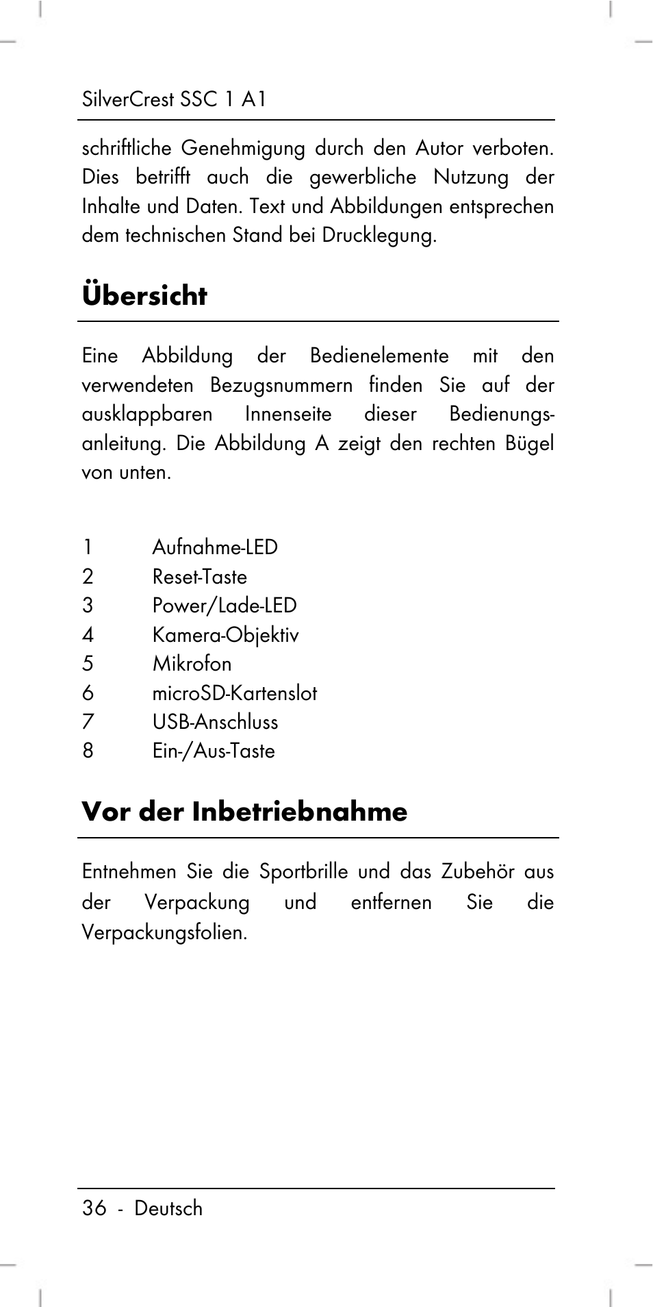Übersicht, Vor der inbetriebnahme | Silvercrest SSC 1 A1 User Manual | Page 38 / 74