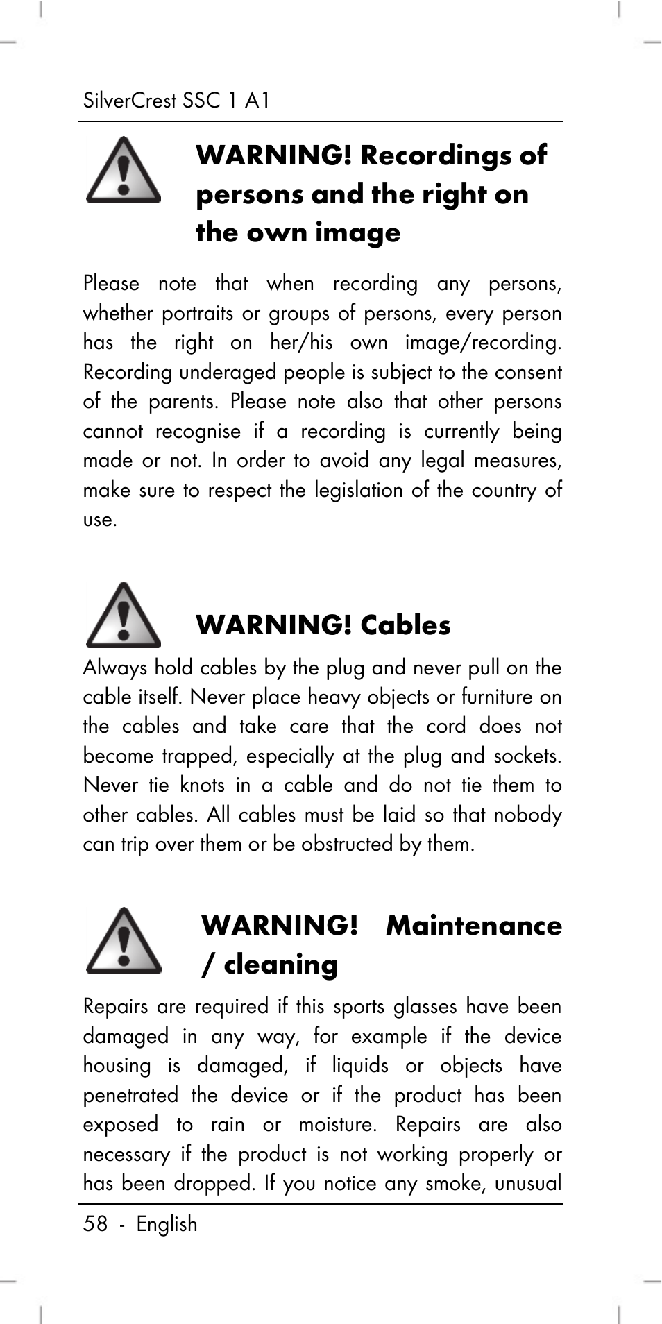 Warning! cables, Warning! maintenance / cleaning | Silvercrest SSC 1 A1 User Manual | Page 60 / 74