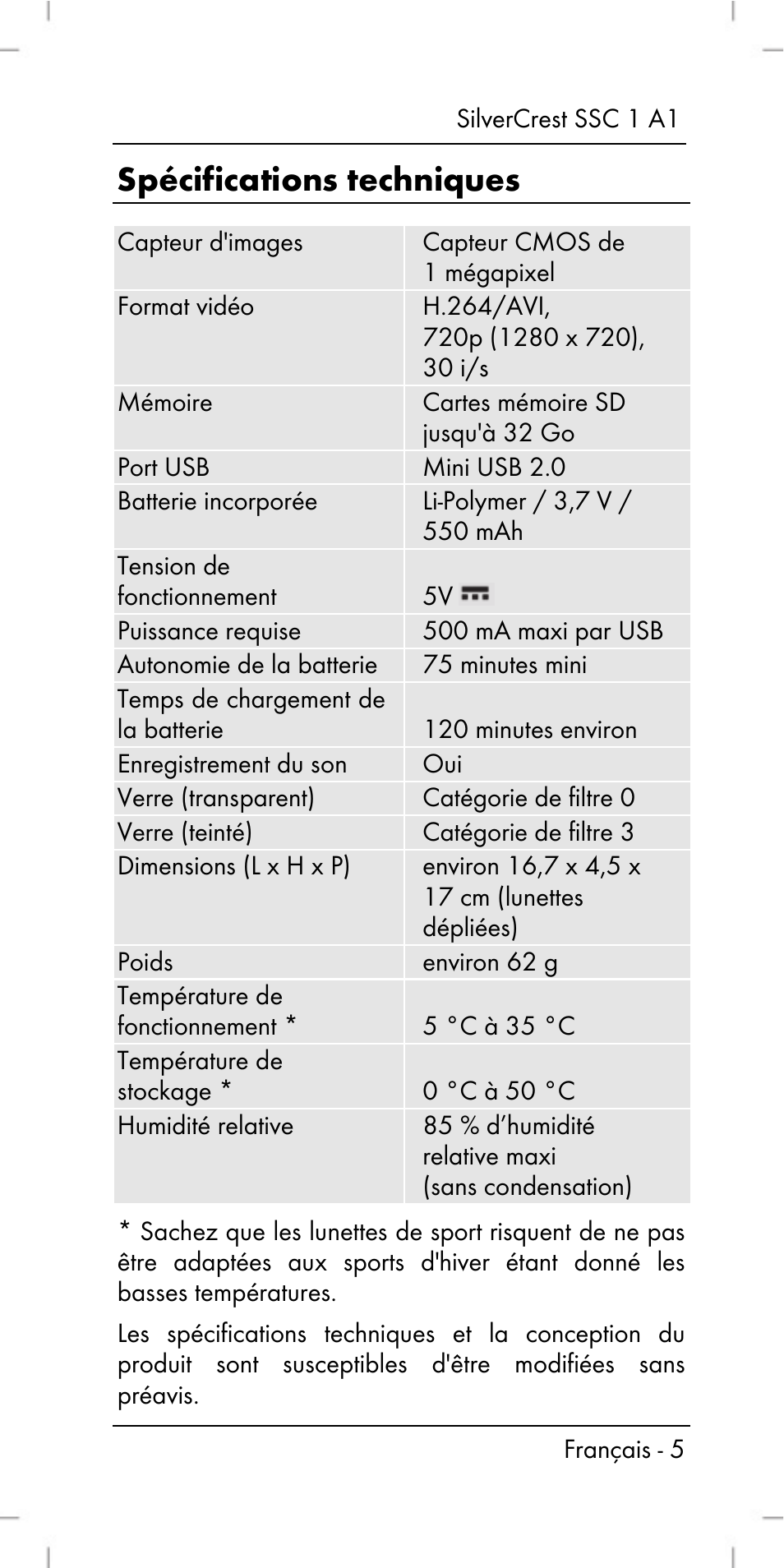 Spécifications techniques | Silvercrest SSC 1 A1 User Manual | Page 7 / 74