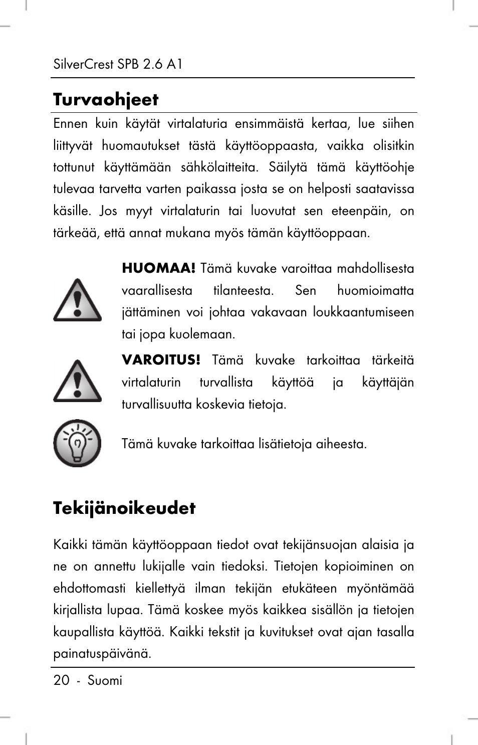 Turvaohjeet, Tekijänoikeudet | Silvercrest SPB 2.6 A1 User Manual | Page 22 / 108