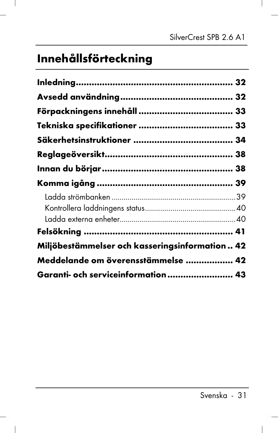 Innehållsförteckning | Silvercrest SPB 2.6 A1 User Manual | Page 33 / 108