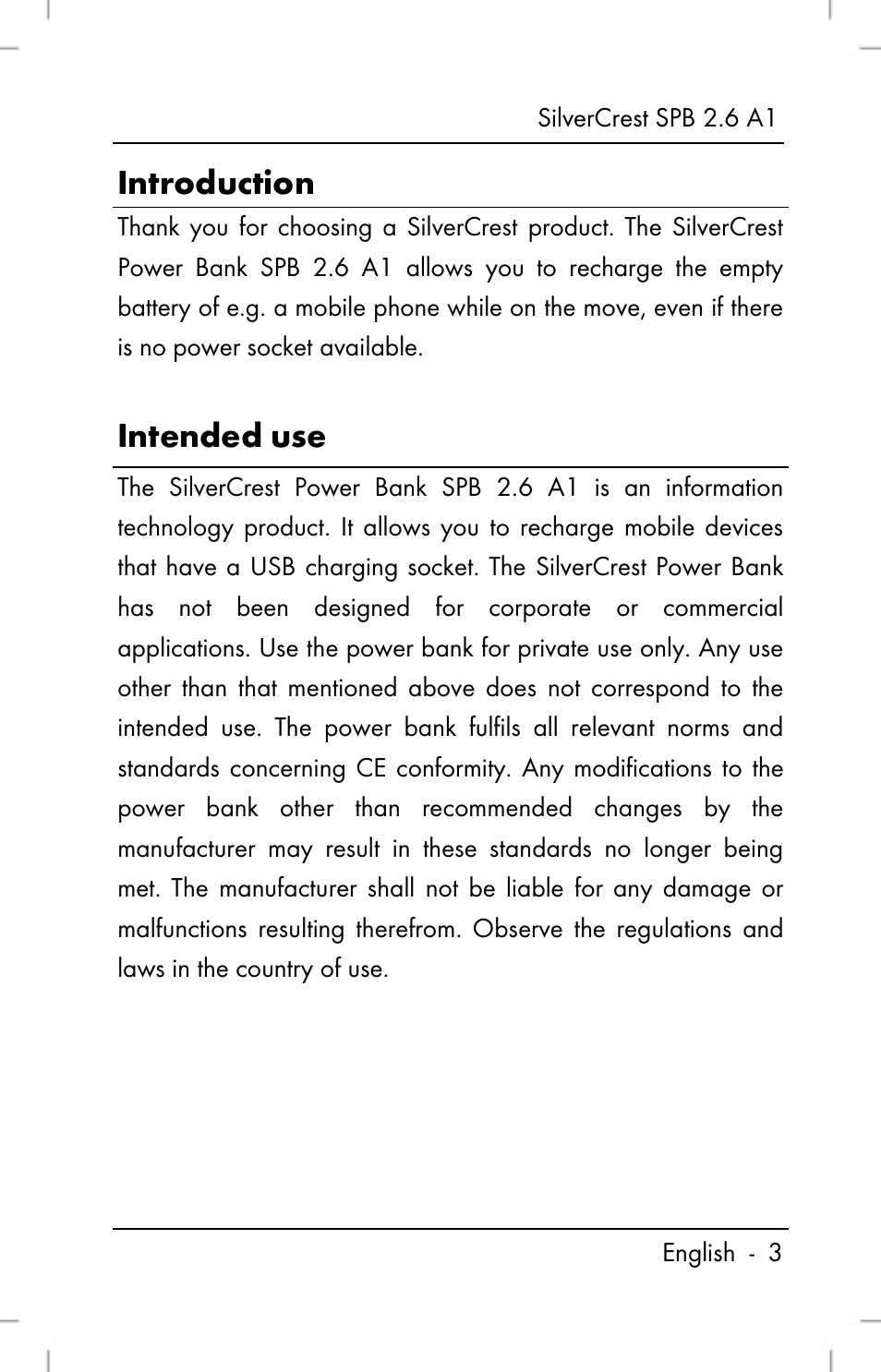 Introduction, Intended use | Silvercrest SPB 2.6 A1 User Manual | Page 5 / 108