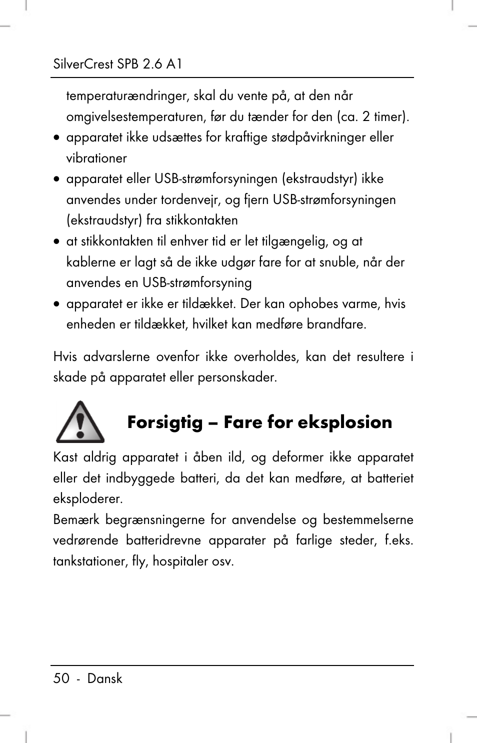 Forsigtig – fare for eksplosion | Silvercrest SPB 2.6 A1 User Manual | Page 52 / 108