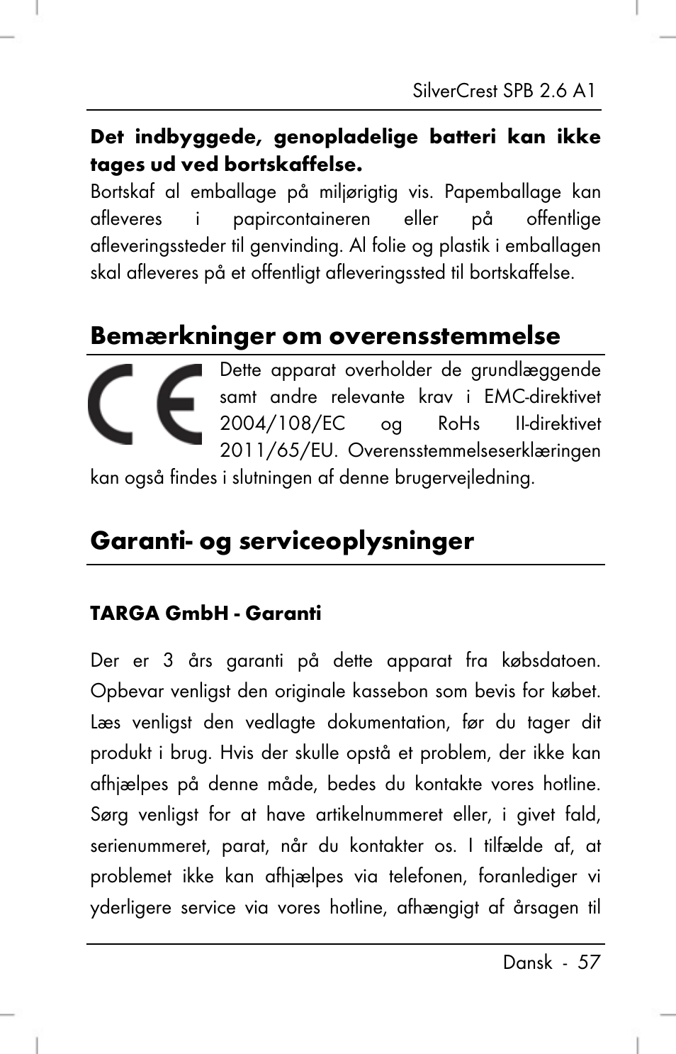 Bemærkninger om overensstemmelse, Garanti- og serviceoplysninger | Silvercrest SPB 2.6 A1 User Manual | Page 59 / 108