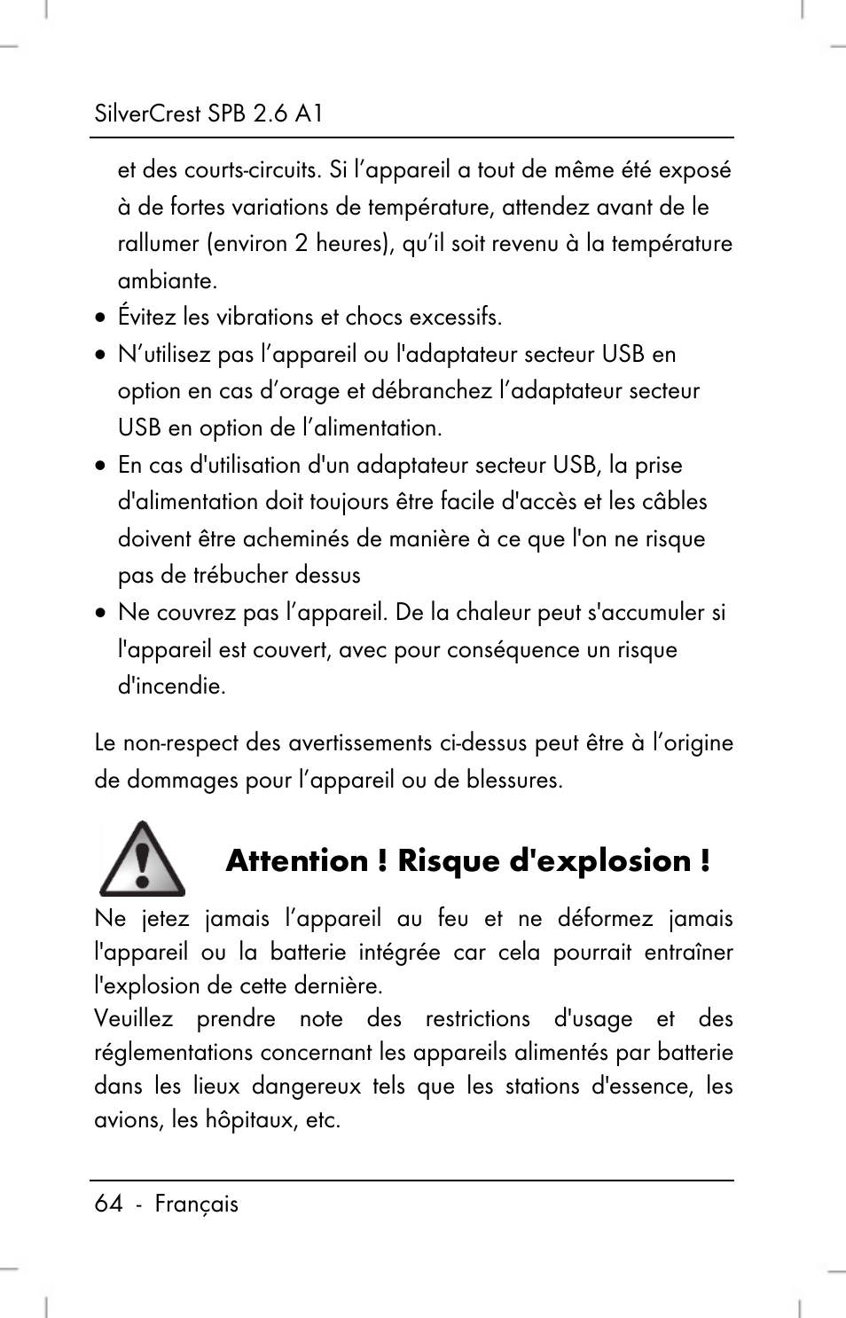 Attention ! risque d'explosion | Silvercrest SPB 2.6 A1 User Manual | Page 66 / 108