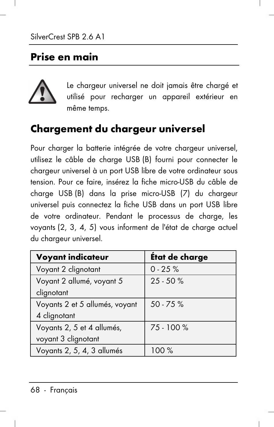 Prise en main, Chargement du chargeur universel | Silvercrest SPB 2.6 A1 User Manual | Page 70 / 108