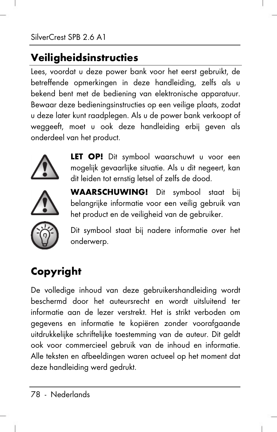 Veiligheidsinstructies, Copyright | Silvercrest SPB 2.6 A1 User Manual | Page 80 / 108