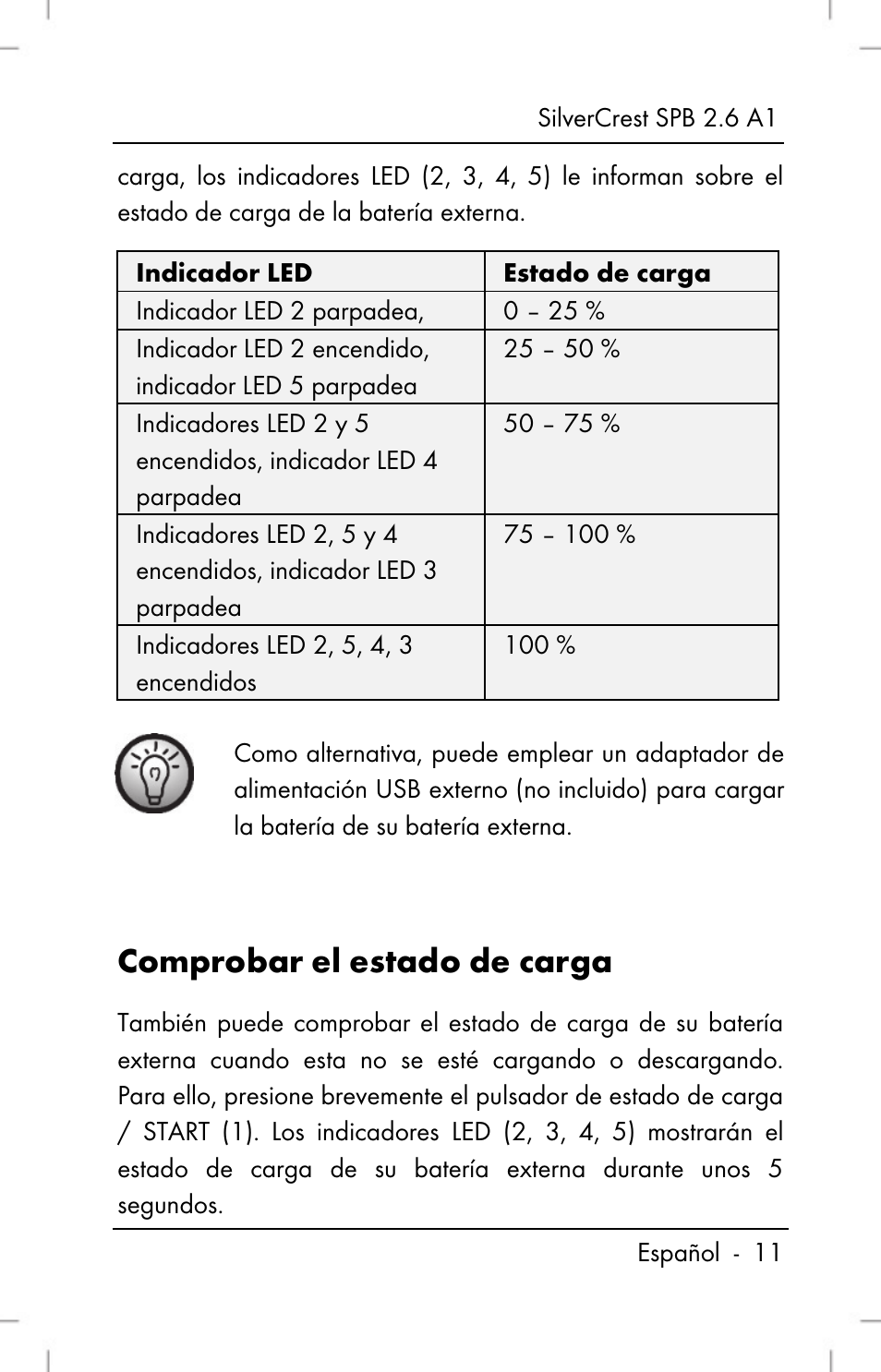 Comprobar el estado de carga | Silvercrest SPB 2.6 A1 User Manual | Page 13 / 78