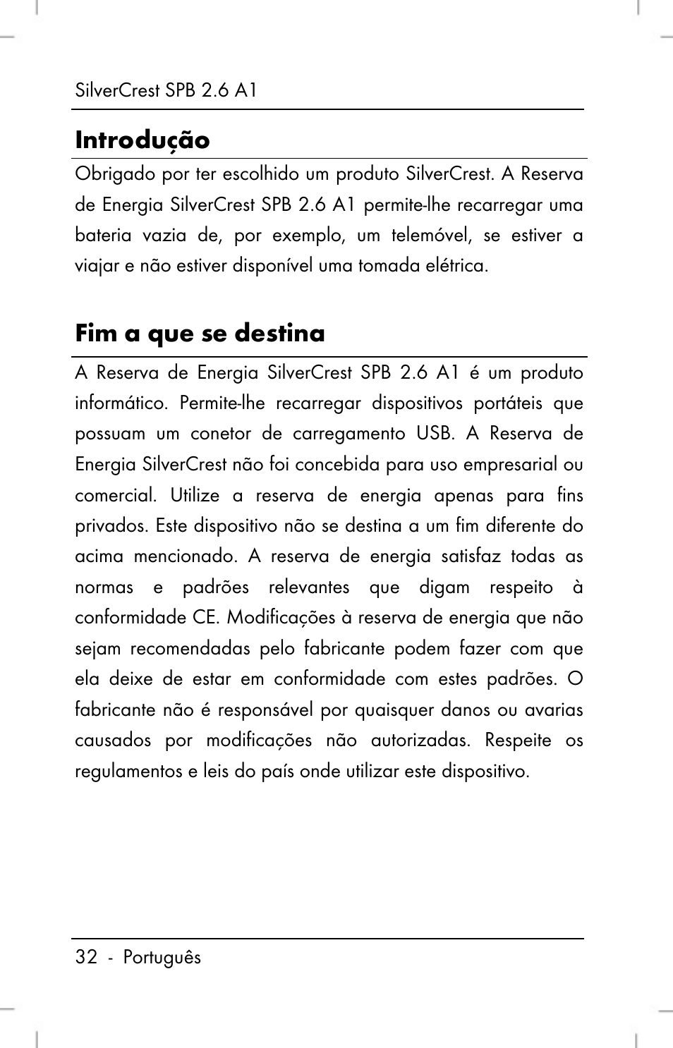 Introdução, Fim a que se destina | Silvercrest SPB 2.6 A1 User Manual | Page 34 / 78