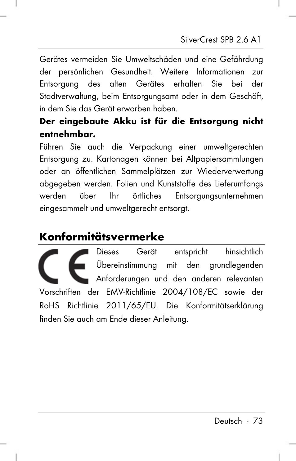 Konformitätsvermerke | Silvercrest SPB 2.6 A1 User Manual | Page 75 / 78