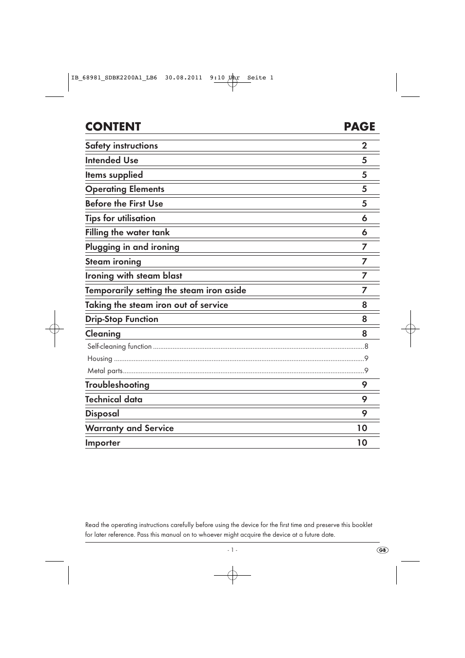 Content page | Silvercrest SDBK 2200 A1 User Manual | Page 3 / 22