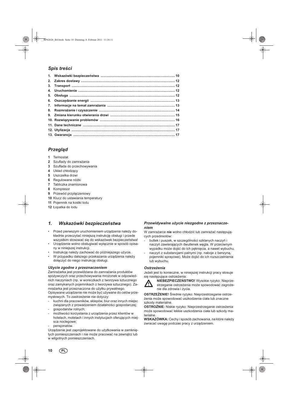 Spis tre ci, Przegld, Wskazówki bezpiecze stwa | Silvercrest STG 70 B2 User Manual | Page 12 / 62