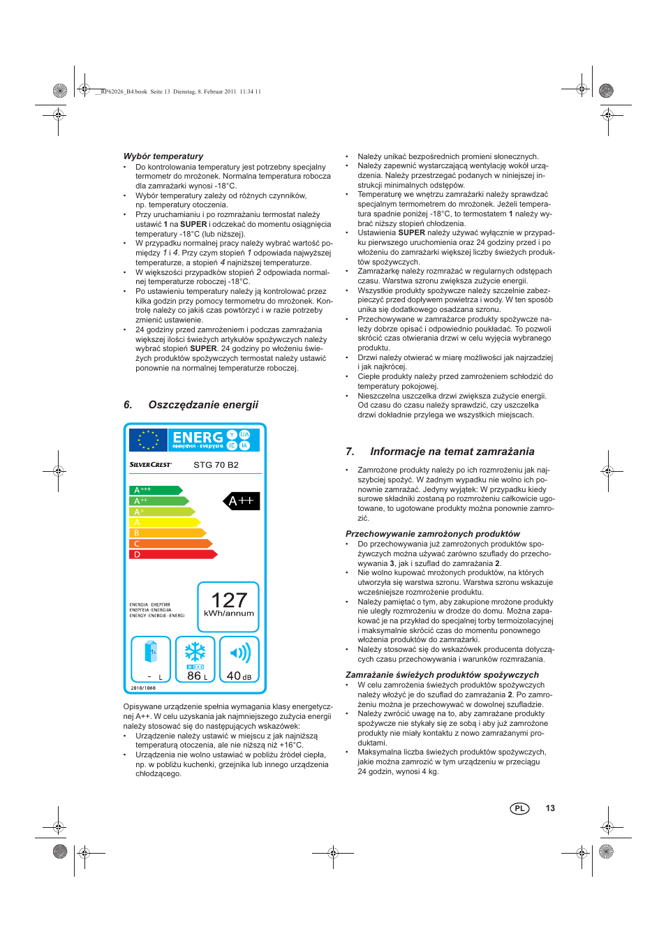 Oszczdzanie energii, Informacje na temat zamra ania | Silvercrest STG 70 B2 User Manual | Page 15 / 62