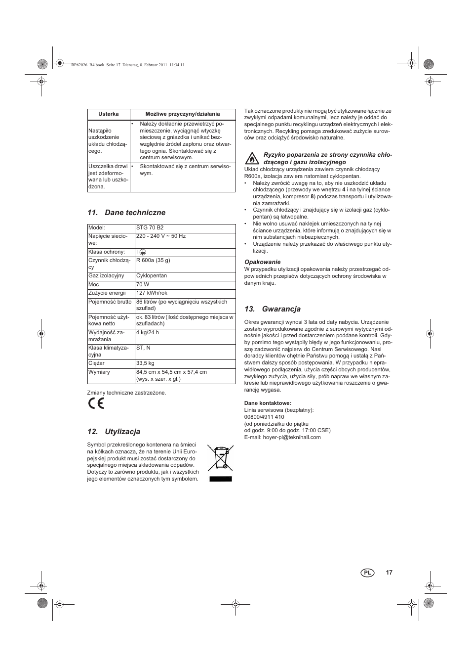 Dane techniczne, Utylizacja, Gwarancja | Silvercrest STG 70 B2 User Manual | Page 19 / 62