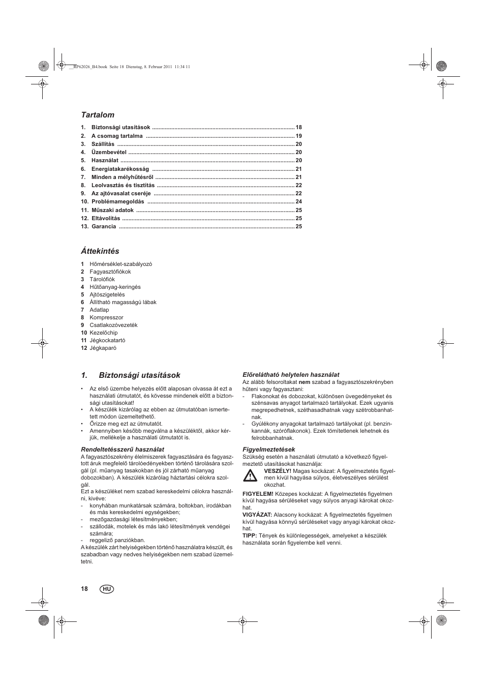 Tartalom, Áttekintés, Biztonsági utasítások | Silvercrest STG 70 B2 User Manual | Page 20 / 62