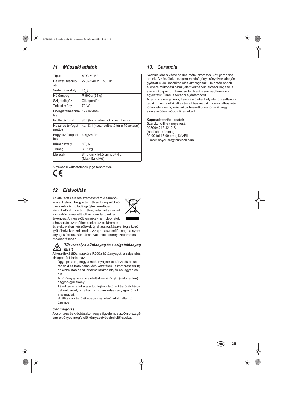 Mszaki adatok, Eltávolítás, Garancia | Silvercrest STG 70 B2 User Manual | Page 27 / 62