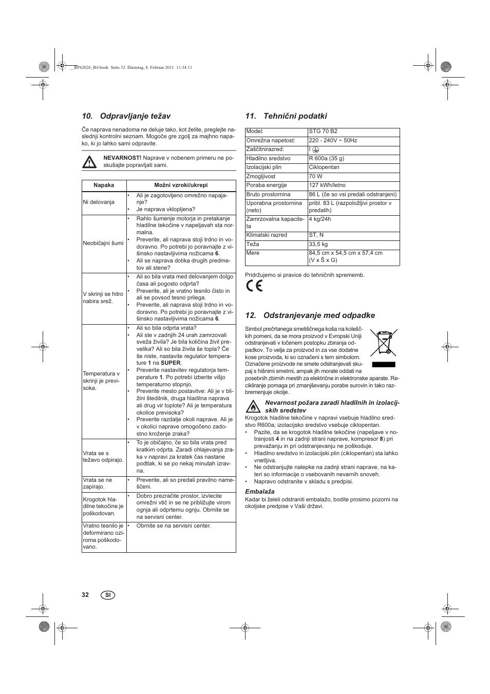 Odpravljanje težav, Tehnini podatki, Odstranjevanje med odpadke | Silvercrest STG 70 B2 User Manual | Page 34 / 62