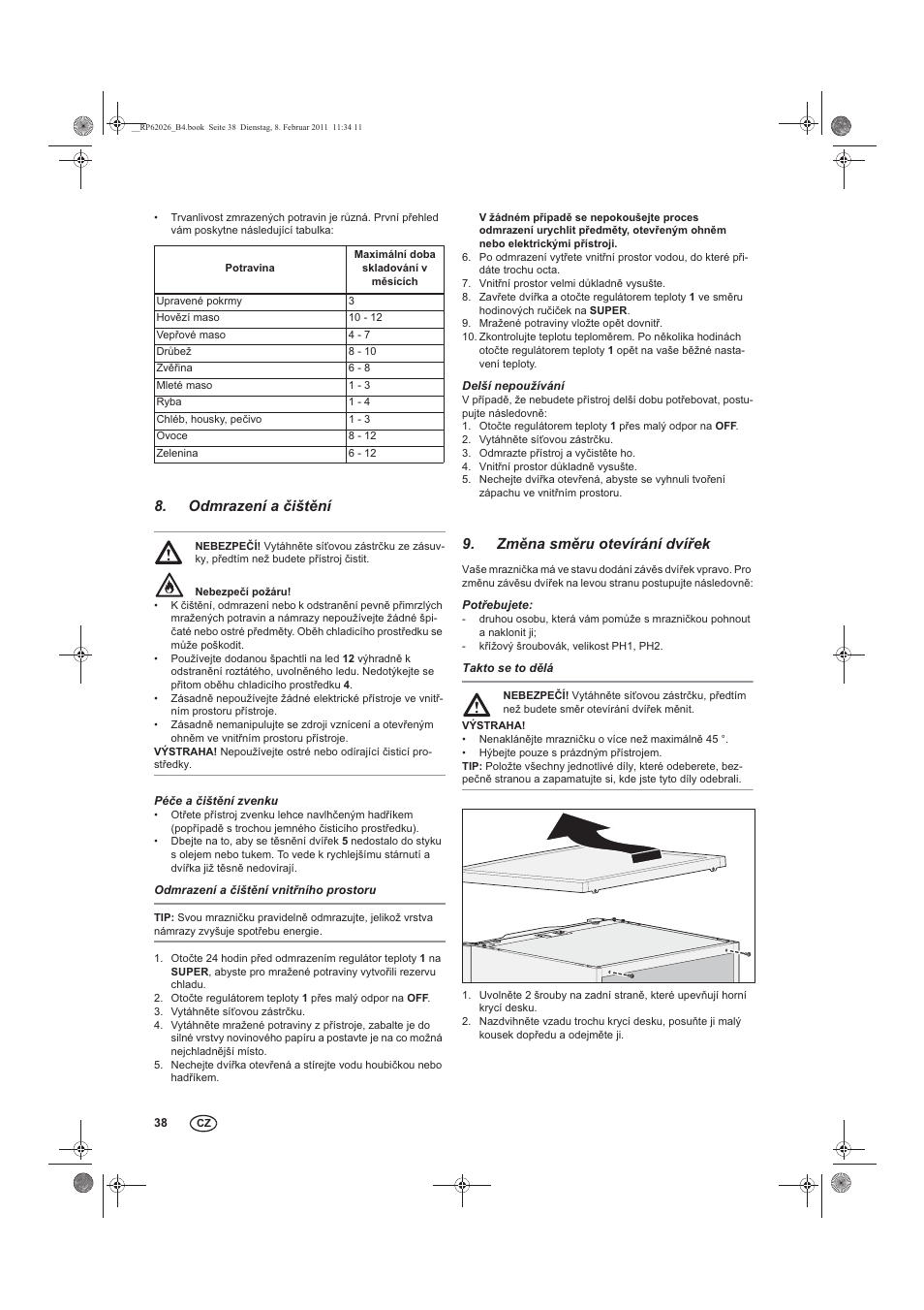 Odmrazení a ištní, Zmna smru otevírání dvíek | Silvercrest STG 70 B2 User Manual | Page 40 / 62