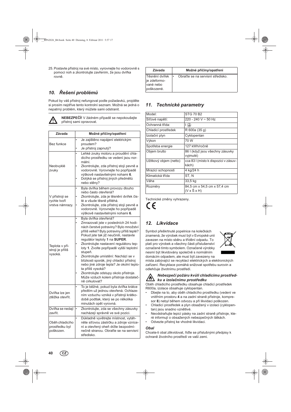 ešení problém, Technické parametry, Likvidace | Silvercrest STG 70 B2 User Manual | Page 42 / 62