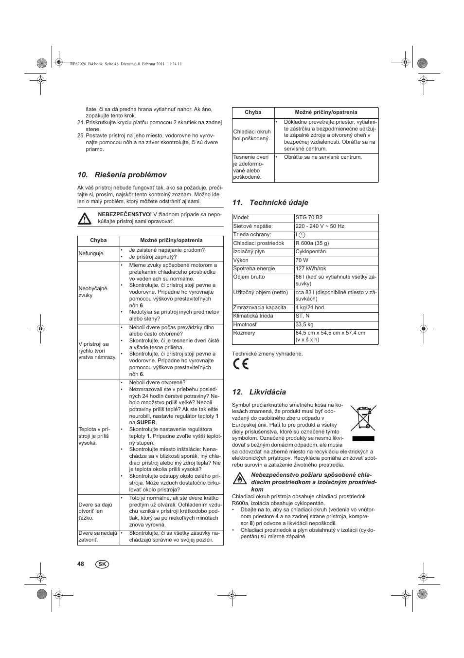 Riešenia problémov, Technické údaje, Likvidácia | Silvercrest STG 70 B2 User Manual | Page 50 / 62