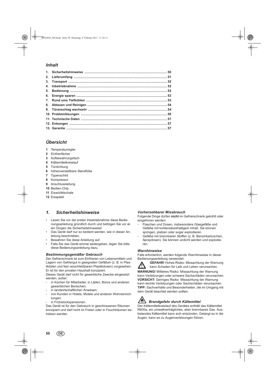 Inhalt, Übersicht, Sicherheitshinweise | Silvercrest STG 70 B2 User Manual | Page 52 / 62