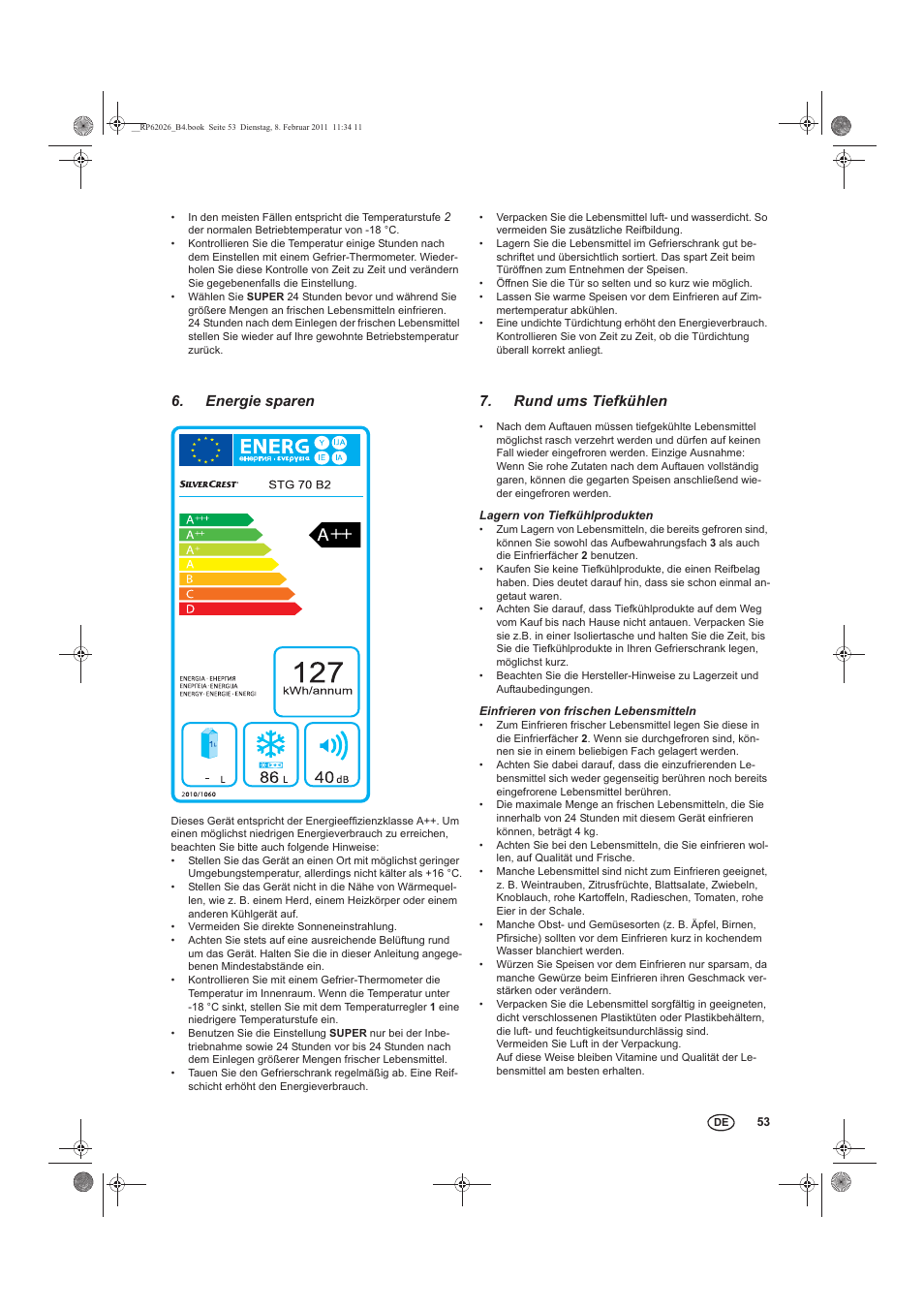 Energie sparen, Rund ums tiefkühlen | Silvercrest STG 70 B2 User Manual | Page 55 / 62