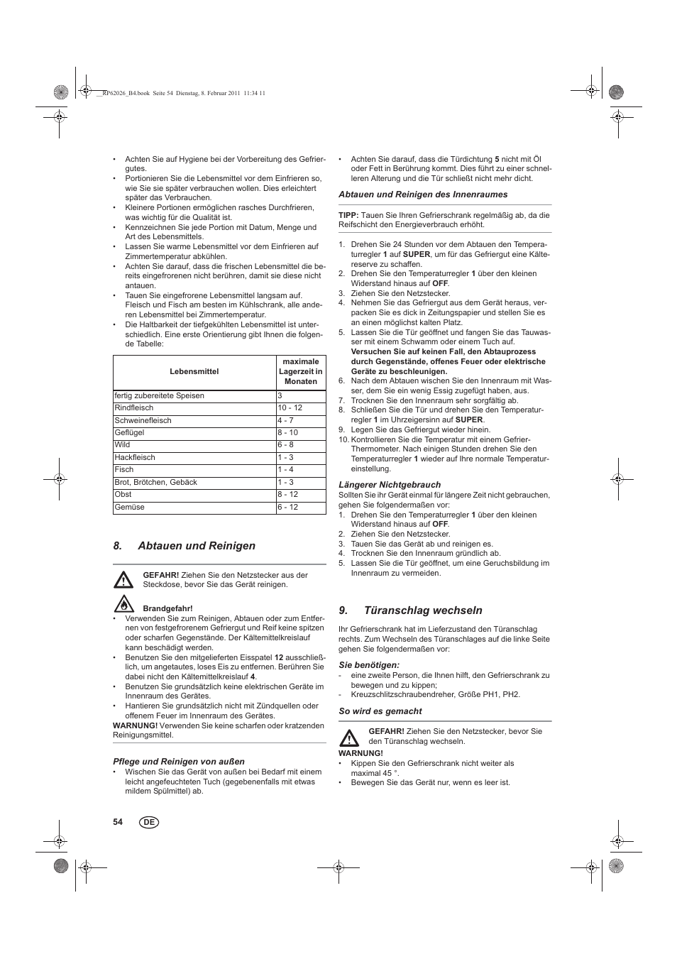 Abtauen und reinigen, Türanschlag wechseln | Silvercrest STG 70 B2 User Manual | Page 56 / 62