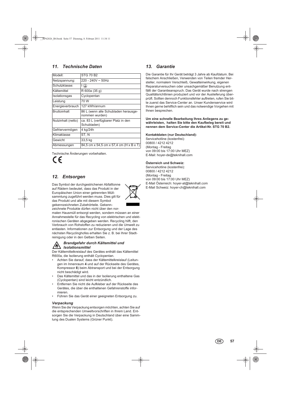 Technische daten, Entsorgen, Garantie | Silvercrest STG 70 B2 User Manual | Page 59 / 62